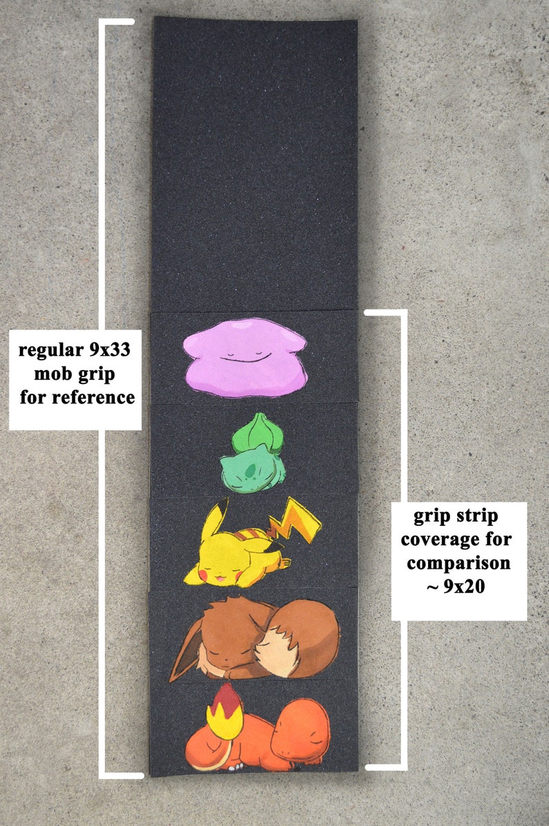 May include: A black skateboard grip tape with a pink, green, yellow, brown, and orange cartoon character design. The grip tape is 9 inches by 33 inches. A smaller section of grip tape is shown for comparison, measuring approximately 9 inches by 20 inches.