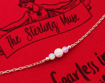 White Fire Opal Power of Three Beaded Sterling Silver Necklace+Anniversary Gift+Birthday Gift+October Birthstone+Gift For Her