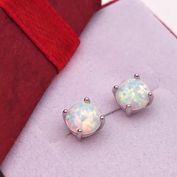 Sterling Silver Fire Opal Earrings 4/6/8MM White Fire Opal Stud Earrings+Anniversary Gift+Birthday Gift+October Birthstone+Christmas Gift