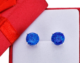 Sterling Silver Blue Fire Opal Stud Earrings: October Birthstone Gift
