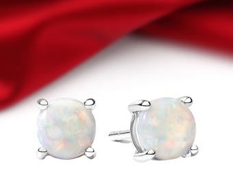 Sterling Silver Snowy White Opal  Earrings 4/6/8MM Stud Earrings+Anniversary Gift+Birthday Gift+October Birthstone+Christmas Gift