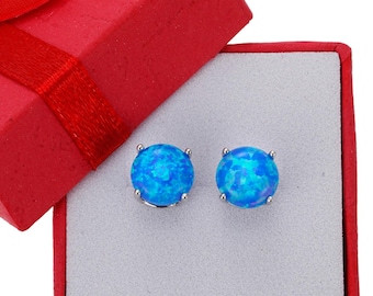 Sterling Silver Blue Fire Opal Stud Earrings: Multiple Sizes, Prong Setting