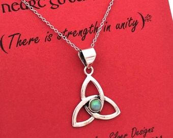 Sterling Silver Triquetra Pendant Necklace: Rainbow Fire Opal, Celtic Knot