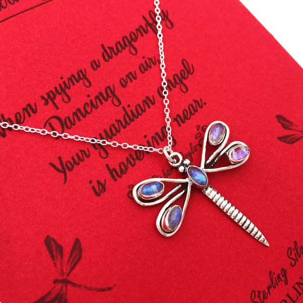 Sterling Silver Rainbow Moonstone June Birthstone Dragonfly Necklace+Insect Jewelry+Graduation Gift+Birthday Gift+Nature Gift+Christmas Gift