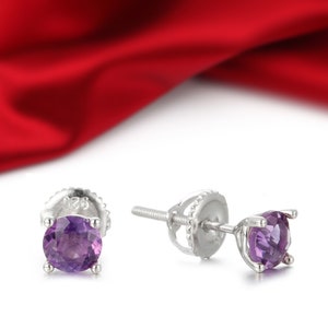 Natural Amethyst Earrings+Martini Setting Faceted Purple Amethyst Stud Earrings +3/4/5/6mm February Birthstone with Screw Backs+Kid Friendly