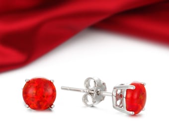 Sterling Silver Fire Opal Stud Earrings: Ruby Red, 6mm Prong Set