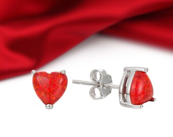 Sterling Silver Red Heart Fire Opal Stud Earrings, 7mm