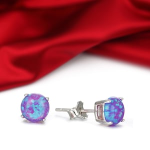 Sterling Silver Purple Fire Opal Earrings 6MM Prong Setting+Anniversary Gift+Birthday Gift+Christmas Gift+October or February Birthstone