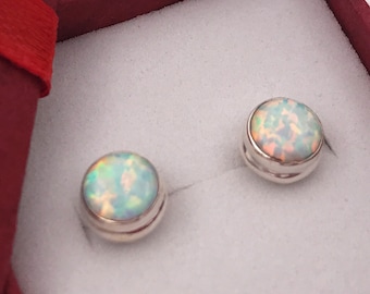 Sterling Silver Fire Opal Earrings+Iridescent White Fire Opal Stud Earrings+Anniversary Gift+Christmas Gift+October Birthstone+Gift For Her