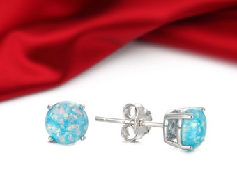 Sterling Silver Fire Opal Stud Earrings: 6mm Turquoise Prongs