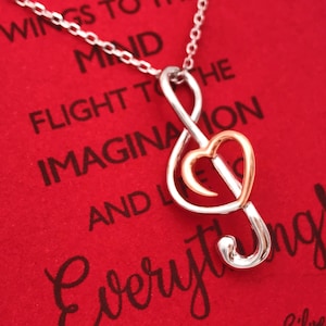 Two-Tone Silver & 18k Rose Gold Treble Clef Heart Necklace, Music Teacher Gift, Graduation Gift, Musician Jewelry, Handmade by Sterling Muse