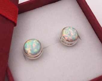 Sterling Silver Fire Opal Earrings+Iridescent White Fire Opal Stud Earrings+Anniversary Gift+Birthday Gift+October Birthstone+ Sizes 3mm-8mm