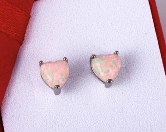 Sterling Silver Pink Fire Opal Heart Stud Earrings: October Birthstone in 6mm Size