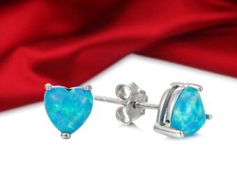 Aqua Blue Opal Heart Stud Earrings: Sterling Silver, 6mm/4mm
