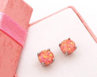 Sterling Silver Pink Fire Opal Stud Earrings: Handmade 6mm October Birthstone