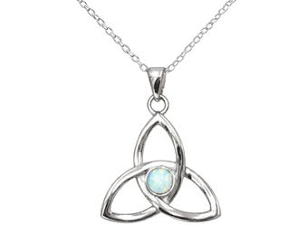 Sterling Silver Celtic Triquetra Necklace with White Fire Opal, Celtic Knot Pendant