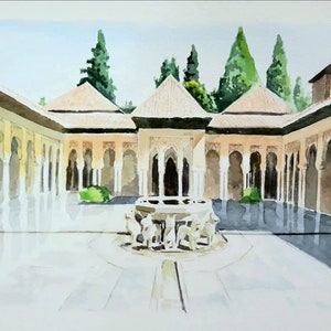 ORIGINAL WATERCOLOUR A4 (21x29.7cm). Alhambra, Granada. Handmade, wall art, original drawing, art gift, city art, spain