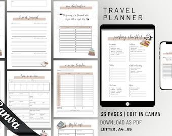 Editable Travel Planner | Trip Itinerary Planner | Canva Vacation Planner | Travel Planner