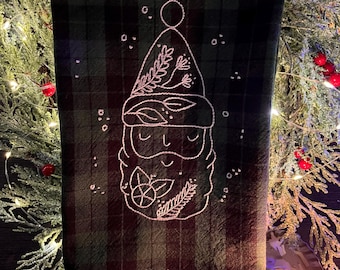 Hand Embroidered Whimsical Father  Christmas Plaid Tea Towel