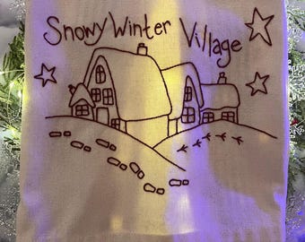 Hand Embroidered Snowy Winter Village Tea Towel