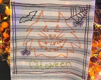 Hand Embroidered Catoween Tea Towel