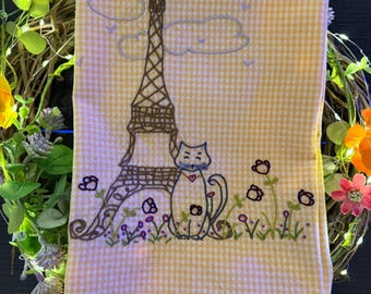 Hand Embroidered Parisian Kitty Tea Towel