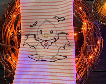 Hand Embroidered Vampire Bat Duck Tea Towel