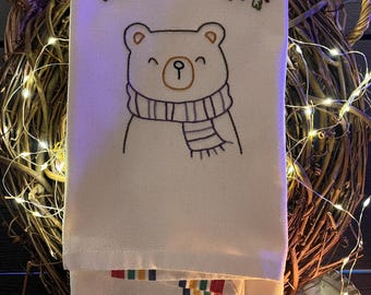 Hand Embroidered  Chilly Bear Tea Towel