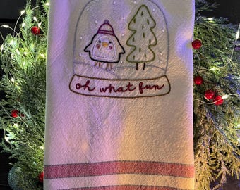 Hand Embroidered Penguin Snow Globe Tea Towel