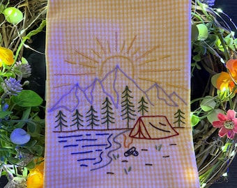 Hand Embroidered Sunrise Mountain Campsite Tea Towel
