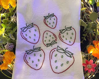 Hand Embroidered Strawberry Tea Towel