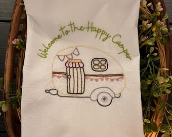 Hand Embroidered Happy Camper Tea Towel