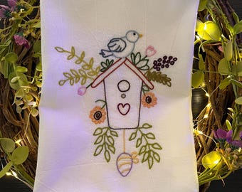 Hand Embroidered Bluebird House Tea Towel
