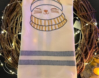 Hand Embroidered Winter Kitty Tea Towel