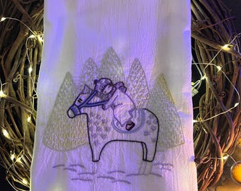 Hand Embroidered Winter Ride Tea Towel
