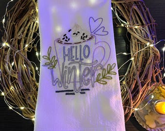 Hand Embroidered Hello Winter Tea Towel