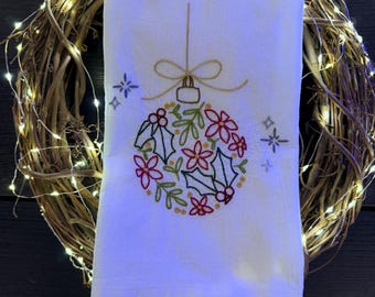 Hand Embroidered Holiday Ornament Tea Towel