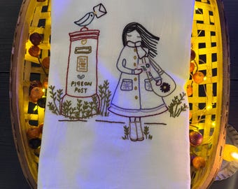 Hand Embroidered Pigeon Post Tea Towel