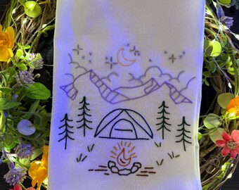 Hand Embroidered Moonlight Camping Tea Towel