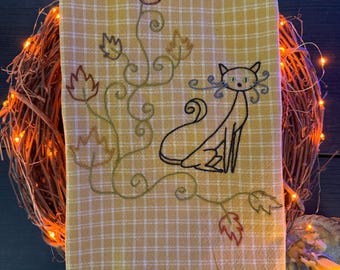Hand Embroidered Autumn Black Cat Tea Towel