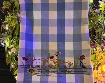 Hand Embroidered Pigs on a Farm Tea Towel