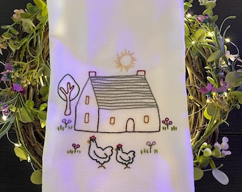 Hand Embroidered Little Chicken Farm Tea Towel