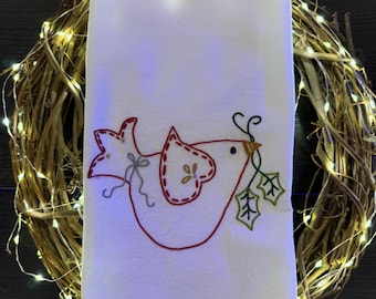 Hand Embroidered Holiday Bird Tea Towel