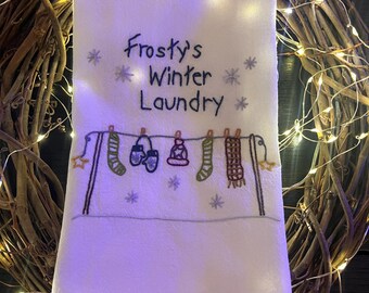 Hand Embroidered Frosty’s  Laundry Tea Towel