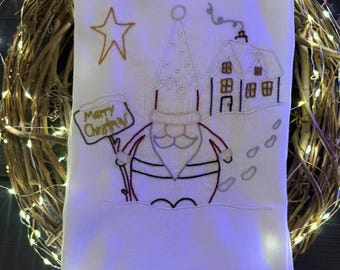 Hand Embroidered Santa’s Merry Christmas Tea Towel