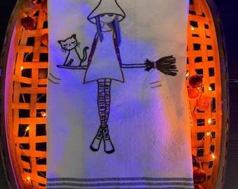 Hand Embroidered Groovy Witch Tea Towel
