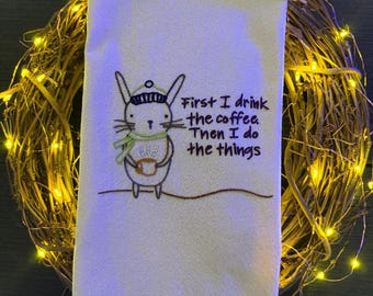 Hand Embroidered Coffee Bunny Tea Towel