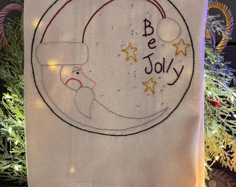 Hand Embroidered Be Jolly Tea Towel