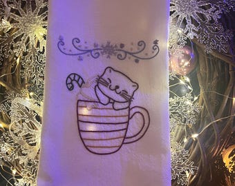 Hand Embroidered Festive Kitten In A Mug