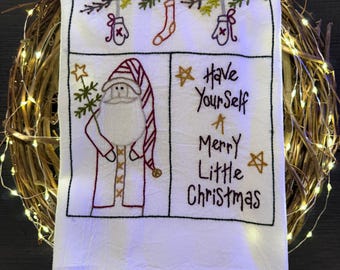 Hand Embroidered Merry Little Christmas Tea Towel